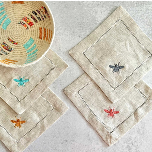 Embroidered Bee Linen Coasters